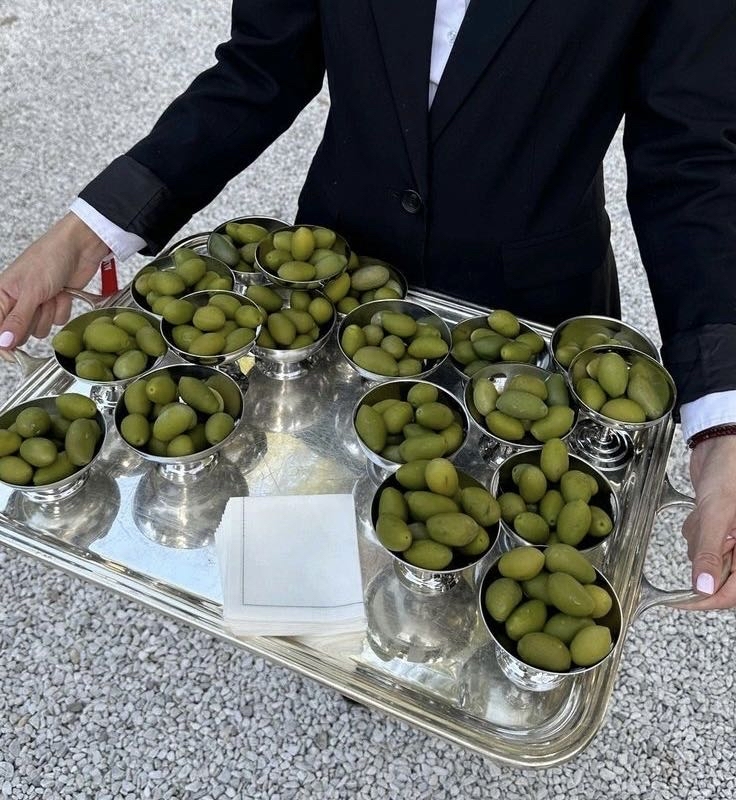 Olives in silver bowls